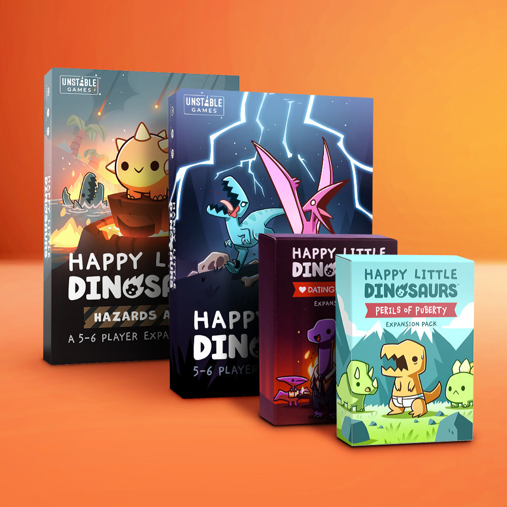 Four boxes of "Happy Little Dinosaurs: 4 Expansion Bundle" from Unstable Games sit against an orange background, each with cartoon dinosaurs. The packs—Hazards, Dating, Apocalypse, and Perils of Puberty—offer thrilling disaster card adventures in this whimsical dinosaur game.