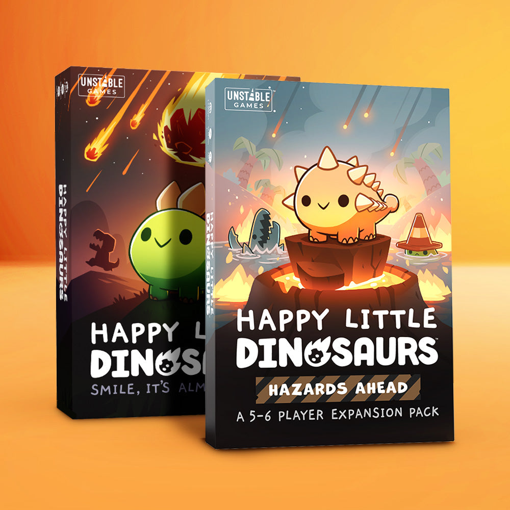The gradient orange backdrop highlights the "Happy Little Dinosaurs: Base Game + 5-6 Player Expansion Bundle" by Unstable Games. The cover features cartoon dinosaurs and meteors, with new dinosaur player boards boosting adventure excitement.