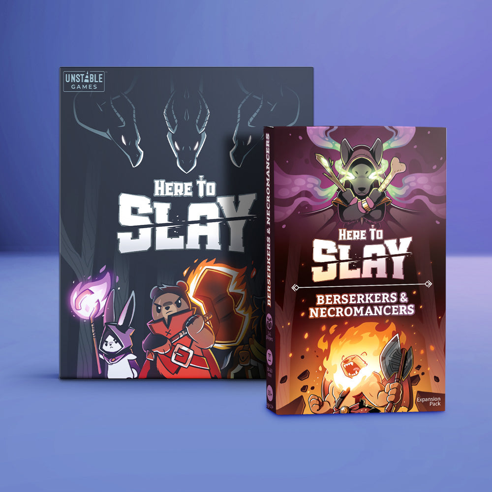 The Here to Slay: Base Game + Berserkers & Necromancers Expansion Bundle by Unstable Games includes a main box with dark-themed characters and an expansion pack showcasing vibrant artwork. Dive into this exciting role-playing adventure card game from the creators of Unstable Unicorns.