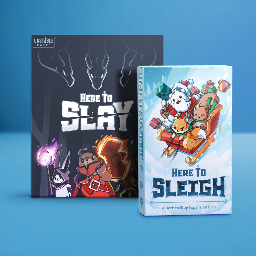 The "Here to Slay: Base Game + Here to Sleigh Expansion Bundle" by Unstable Games features role-playing adventures with fantasy animals and a sleigh, packaged in colorful boxes against a blue background.