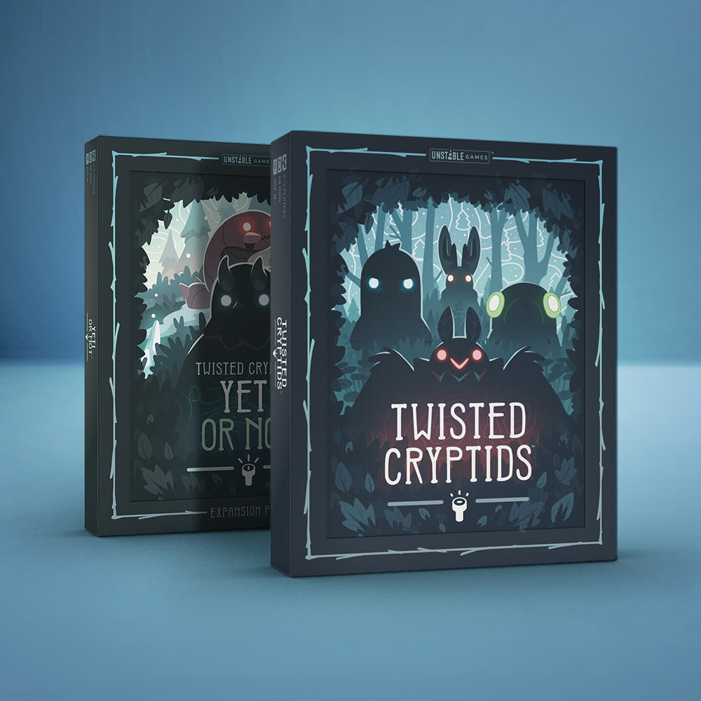 Twisted Cryptids: Base Game + Yeti or Not Expansion Bundle - two tabletop game boxes featuring cryptids on a blue background.