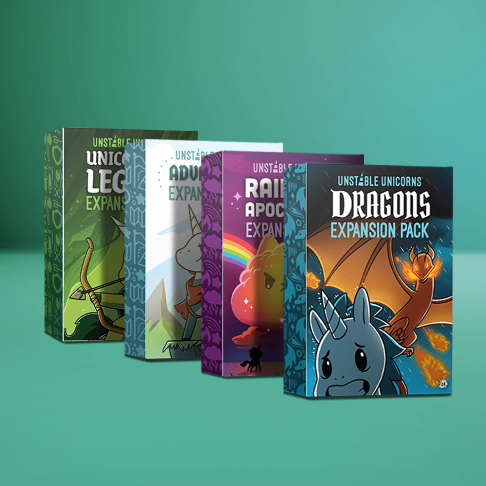 The Unstable Unicorns: 4 Expansion Bundle by Unstable Games features Dragons, Rainbow Apocalypse, Adventures, and Legends packs, lined up on a green background to boost your Unicorn army in this favorite strategy card game.