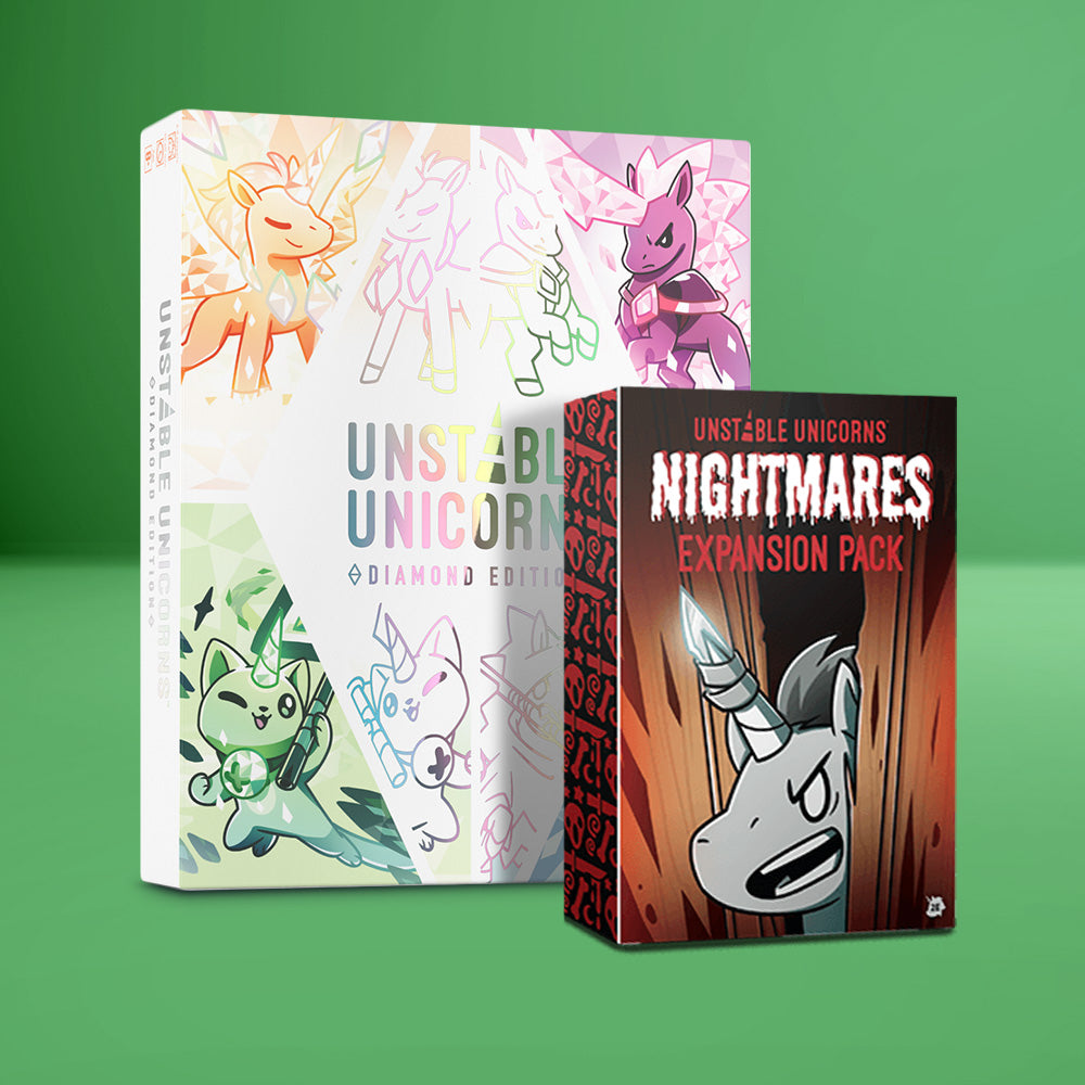 The "Unstable Unicorns: Diamond Edition: Base Game + Nightmares Expansion Bundle" by Unstable Games shimmers against a green backdrop, inviting players to strategically build their ultimate unicorn army.