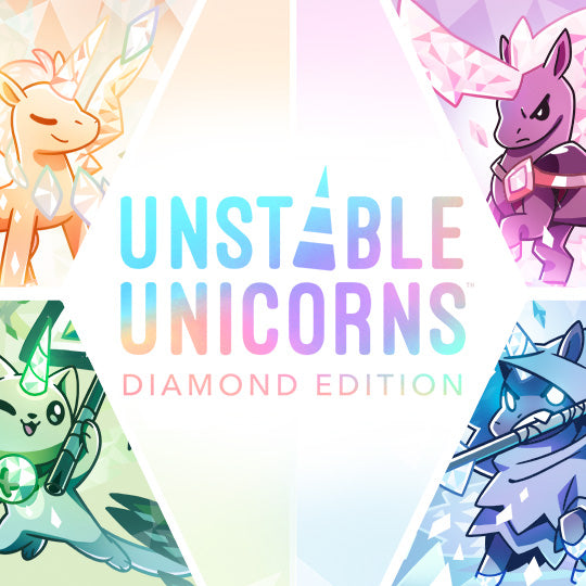 Cover of 'Unstable Unicorns Diamond Edition' with colorful unicorn characters on a gradient background.