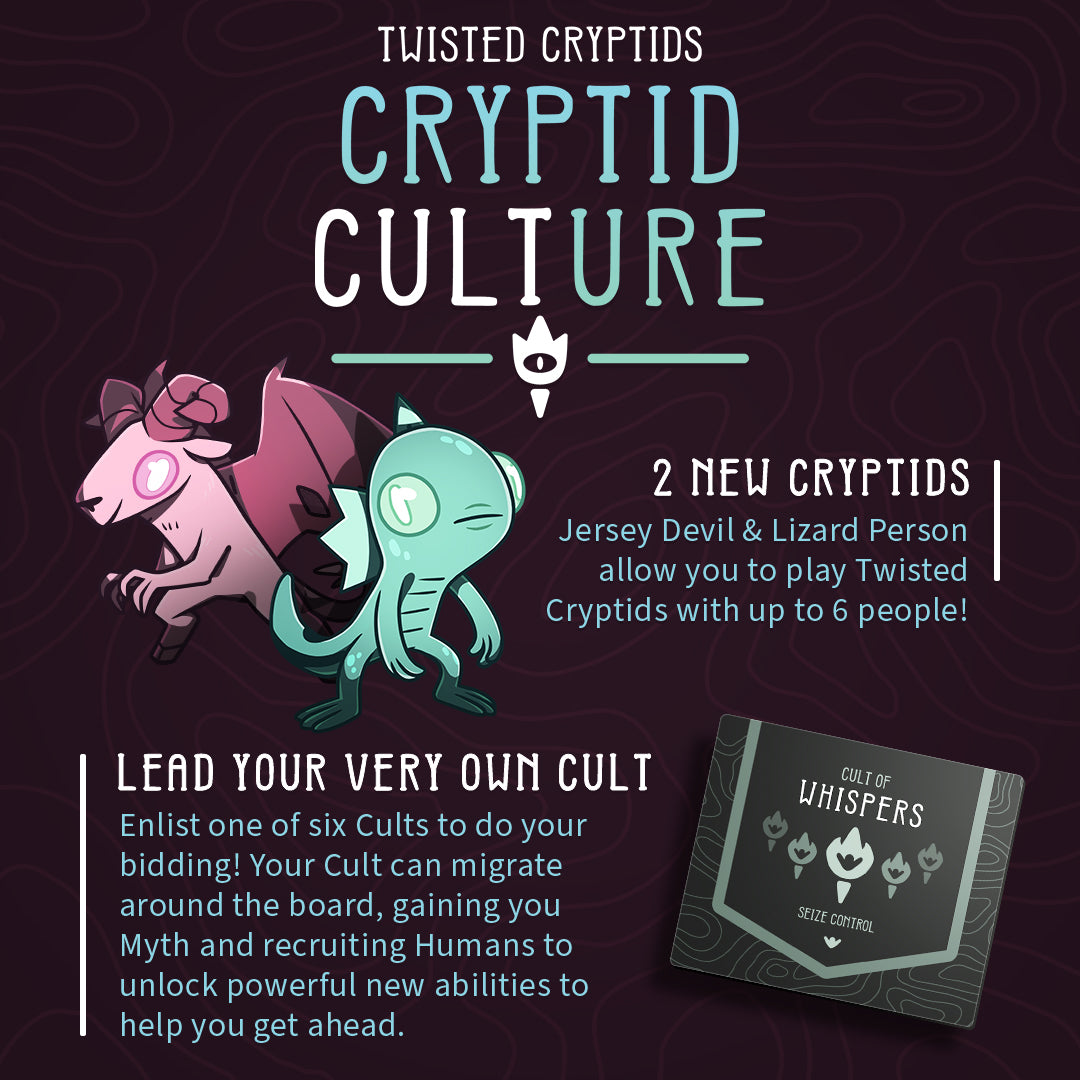 Twisted Cryptids: Cryptid Culture how to play graphic with details on the two new cryptids, jersey devil and lizard person, and the cult mechanic