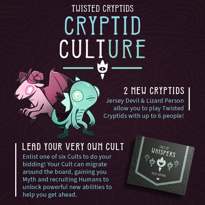Twisted Cryptids: Cryptid Culture how to play graphic with details on the two new cryptids, jersey devil and lizard person, and the cult mechanic