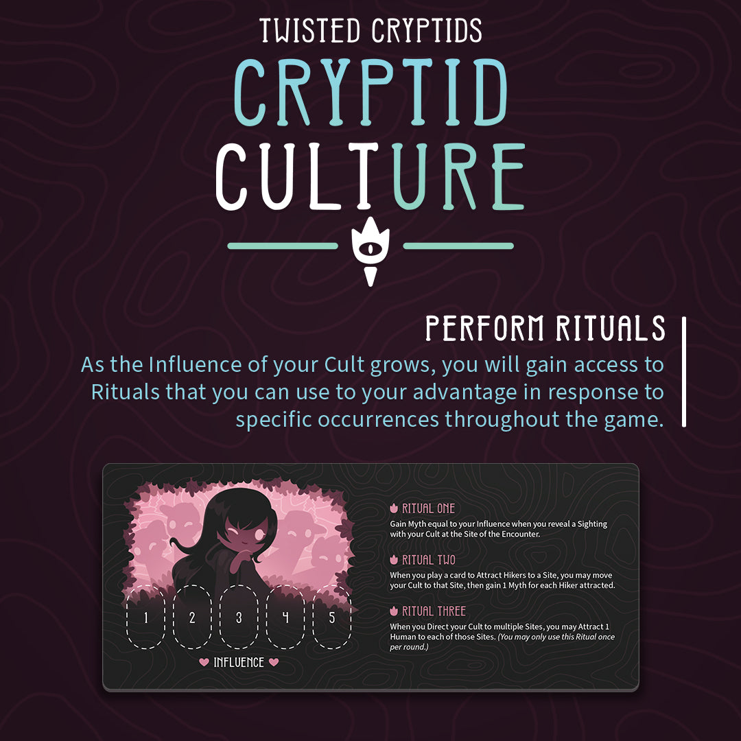 Twisted Cryptids: Cryptid Culture how to play graphic with details on the two new cryptids, jersey devil and lizard person, and the cult mechanic