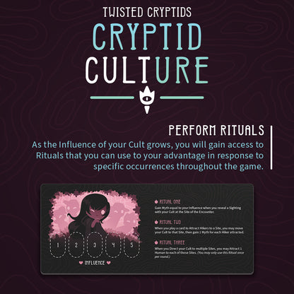 Twisted Cryptids: Cryptid Culture how to play graphic with details on the two new cryptids, jersey devil and lizard person, and the cult mechanic