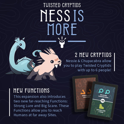 Twisted Cryptids: Ness is More expansion how to play graphic with details on the two new cryptids, nessie and chupacabra, and the new functions strong lure and big scare. 
