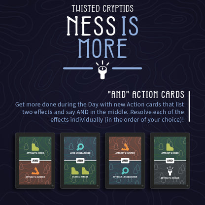 Twisted Cryptids: Ness is More expansion how to play graphic with details on the two new cryptids, nessie and chupacabra, and the new functions strong lure and big scare. 
