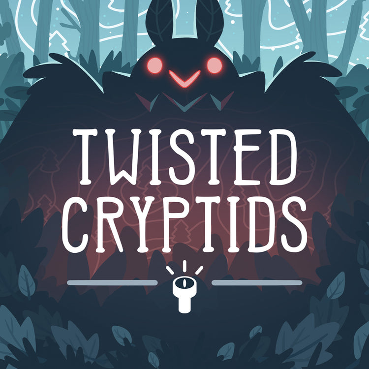 Illustration of a dark creature with glowing eyes and the text 'Twisted Cryptids' in a forest setting.