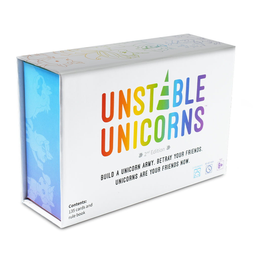 Unstable Games' "Unstable Unicorns: Classic Edition: Base Game" is a strategic card game featuring 135 cards with vibrant unicorn illustrations and a rule book. Build your own unicorn army. Suitable for ages 8 and up.
