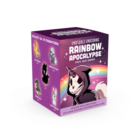 Box of Unstable Games' "Unstable Unicorns: Rainbow Apocalypse" Vinyl Figure Blind Box, featuring cartoon unicorns prancing against a vivid purple backdrop with a rainbow.