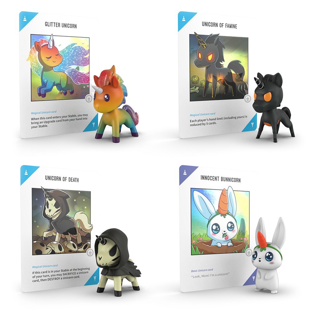 Displayed together are four unicorn-themed cards from the Unstable Games' Rainbow Apocalypse Vinyl Figure Blind Box collection: Glitter Unicorn, Unicorn of Famine, Unicorn of Death, and Innocent Bunniicorn. Each card features unique illustrations and characteristics that suggest a whimsical Rainbow Apocalypse theme.