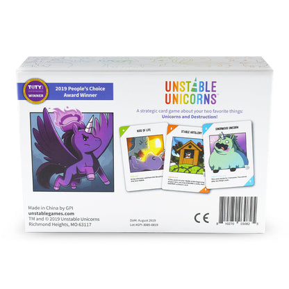 The back of the Unstable Unicorns: Classic Edition: Base Game box from Unstable Games features whimsical unicorn illustrations and card designs. As a strategic card game and "2019 People's Choice Award Winner," it's perfect for building your unicorn army.
