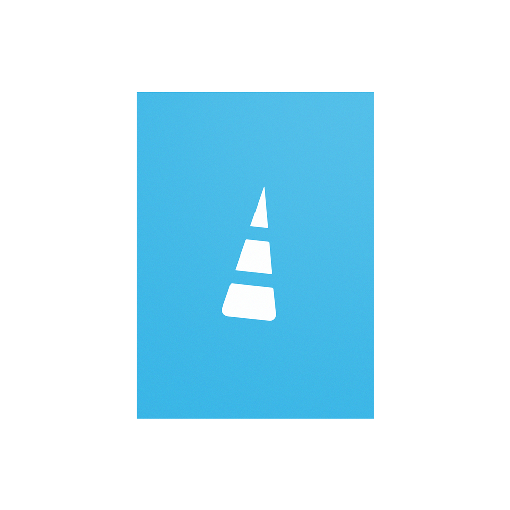 A white traffic cone with a playful design, set against a blue background, reminiscent of the Unstable Games: Blue Card Sleeves by Unstable Games.