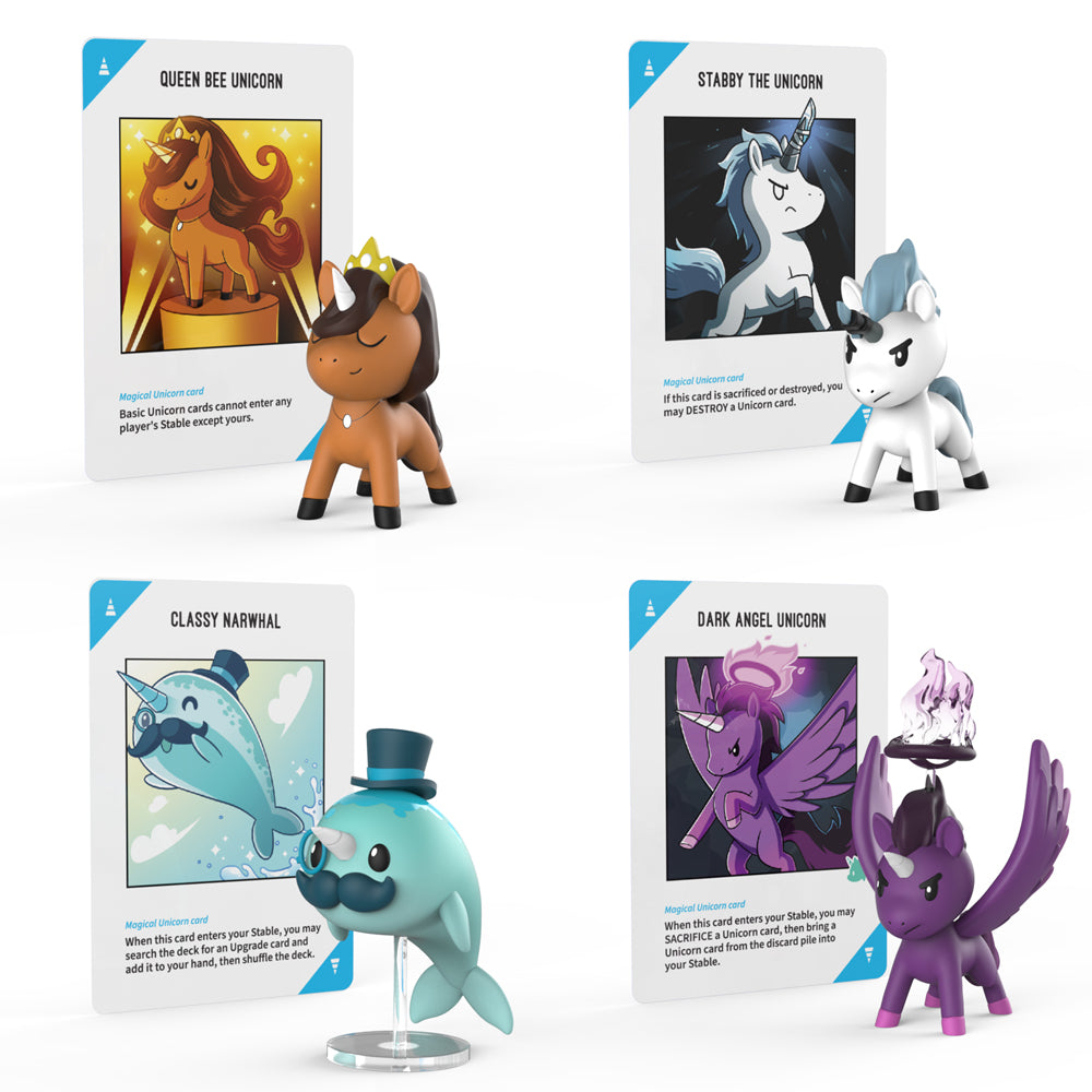 Explore the Unstable Unicorns: Vinyl Figure Blind Box from Unstable Games, featuring four collectible card figures such as Queen Bee Unicorn and Stabby the Unicorn. Each figure, like the Classy Narwhal and Dark Angel Unicorn, is accompanied by unique character cards detailing their powers.