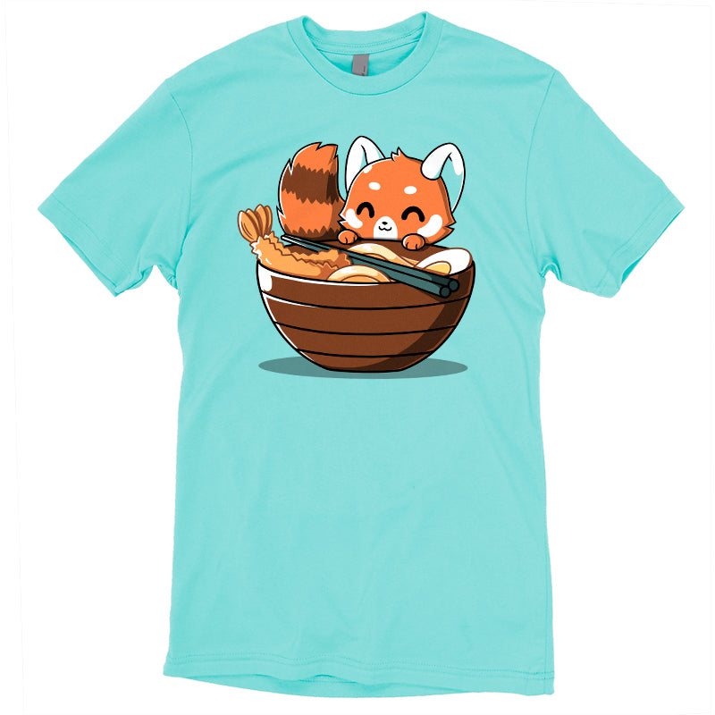 Premium Cotton T-shirt_Teeturtle Udon Red Panda caribbean blue t-shirt featuring a happy red panda peeking over the edge of a bowl of udon noodles with shrimp, egg and chopsticks.