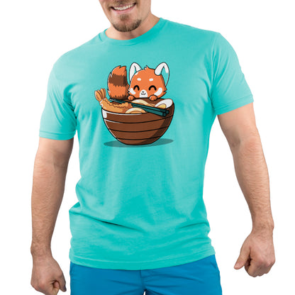 Premium Cotton T-shirt_Teeturtle Udon Red Panda caribbean blue t-shirt featuring a happy red panda peeking over the edge of a bowl of udon noodles with shrimp, egg and chopsticks.