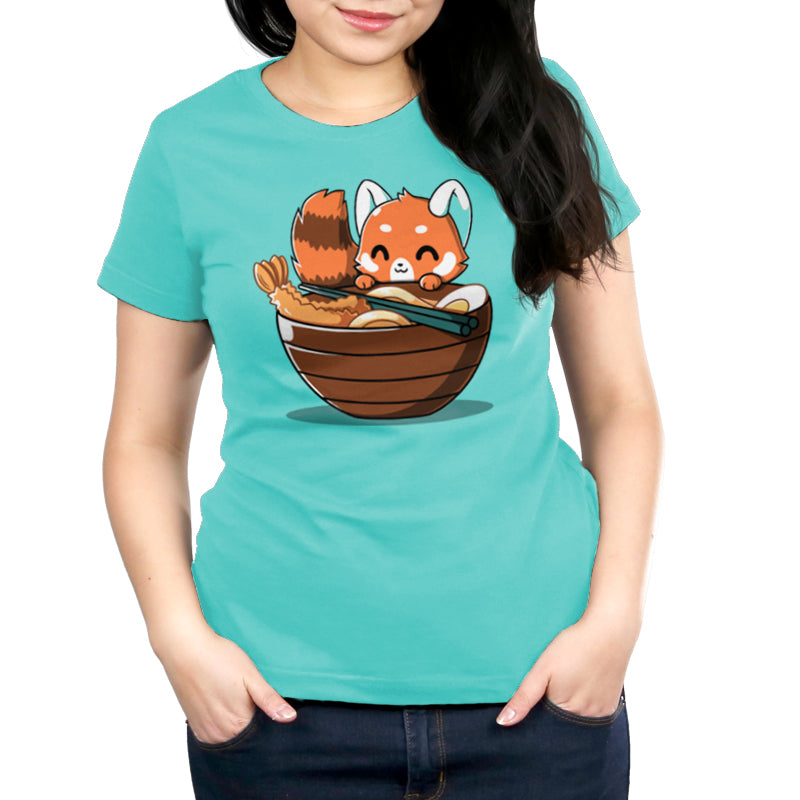 Premium Cotton T-shirt_Teeturtle Udon Red Panda caribbean blue t-shirt featuring a happy red panda peeking over the edge of a bowl of udon noodles with shrimp, egg and chopsticks.