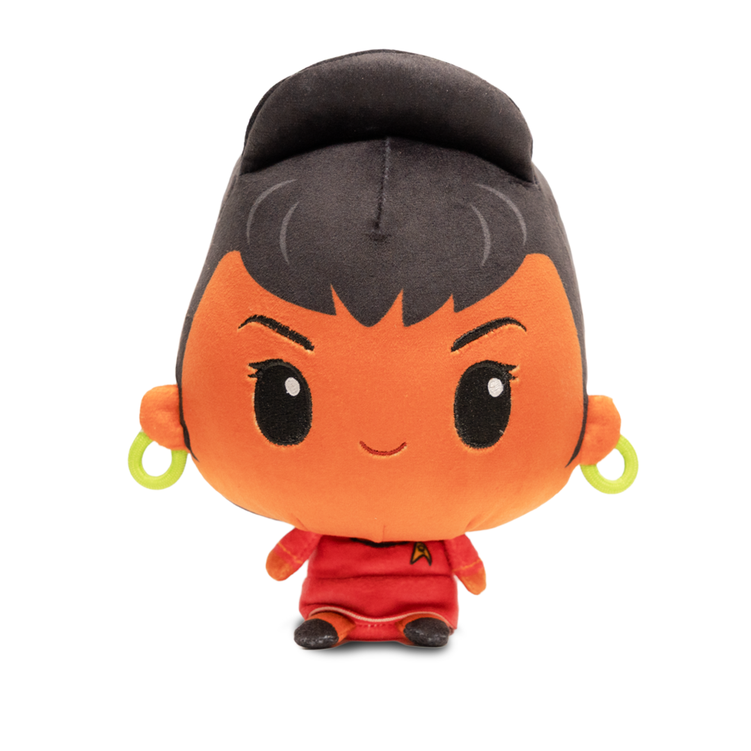 Front view of an Uhura plush with dark hair in a high bun, gold hoop earrings, a red Starfleet uniform, and a small weighted body.