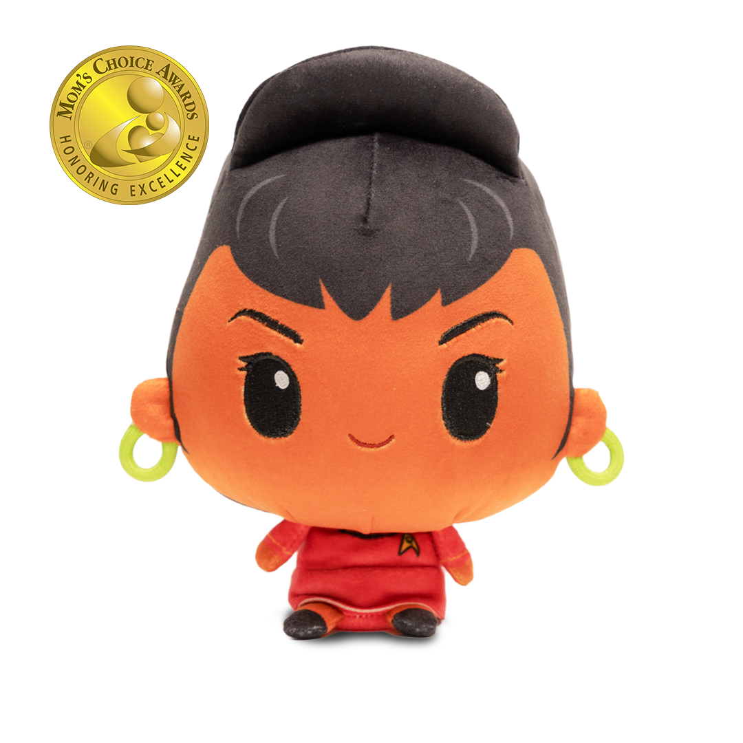 Uhura plush with dark hair styled in a high bun, gold hoop earrings, a red Starfleet uniform, and embroidered facial features, shown against a white background.