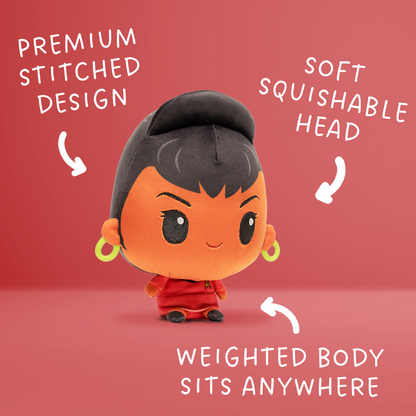 Front view of an Uhura plush with dark hair in a high bun, gold hoop earrings, a red Starfleet uniform, and a small weighted body.