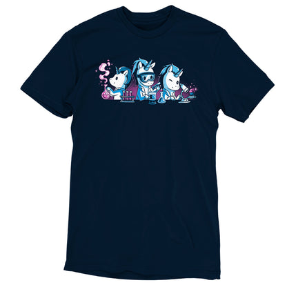 The monsterdigital "Unicorn Scientists" is a navy blue tee featuring three cartoon unicorns conducting a science experiment with lab equipment and beakers, crafted from super soft ringspun cotton.