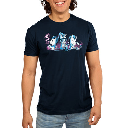 A person wearing a navy blue tee with a graphic of three anthropomorphic dogs engaging in science experiments, made from super soft ringspun cotton, Unicorn Scientists by monsterdigital.