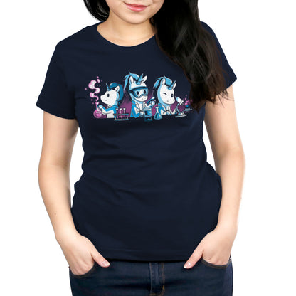 Person wearing a super soft ringspun cotton Navy Blue Unicorn Scientists T-shirt by monsterdigital, showcasing a cartoon design of three unicorns conducting science experiments.