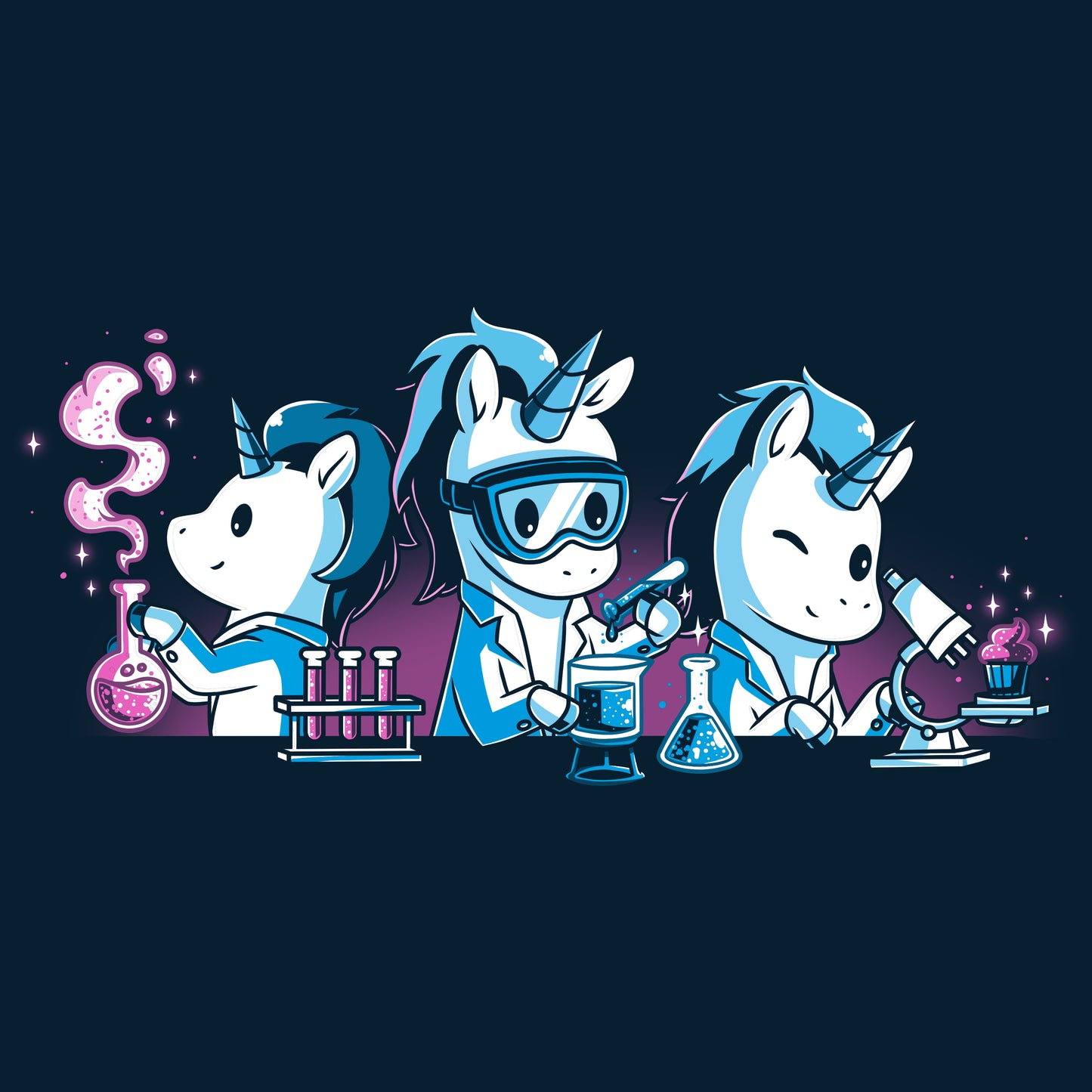 Three cartoon unicorns conducting scientific experiments with lab equipment—one handling test tubes, another looking into a microscope, and a third pouring chemicals into a flask with vapor—all on a super soft ringspun cotton Navy Blue Tee. Enjoy the whimsical charm of our Unicorn Scientists T-shirt by monsterdigital!