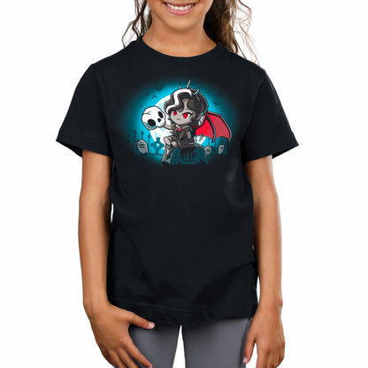 A girl wearing a black t-shirt with an image of a girl holding a bat, featuring the TeeTurtle original design - Vampire Princess by TeeTurtle.