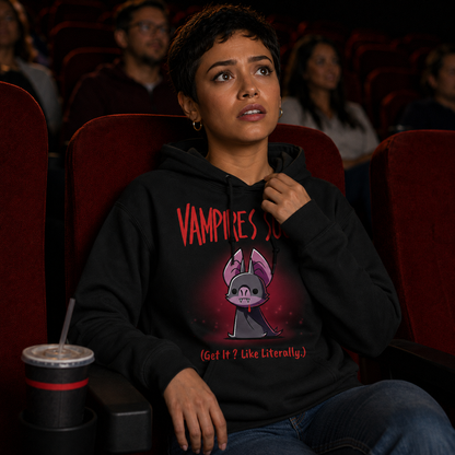 Pullover Hoodie_TeeTurtle black Vampires Suck Pullover Hoodie featuring a cute purple vampire bat with tiny fangs and a dark cape beneath the text "Vampires Suck" and the phrase "(Get It? Like Literally.)."
