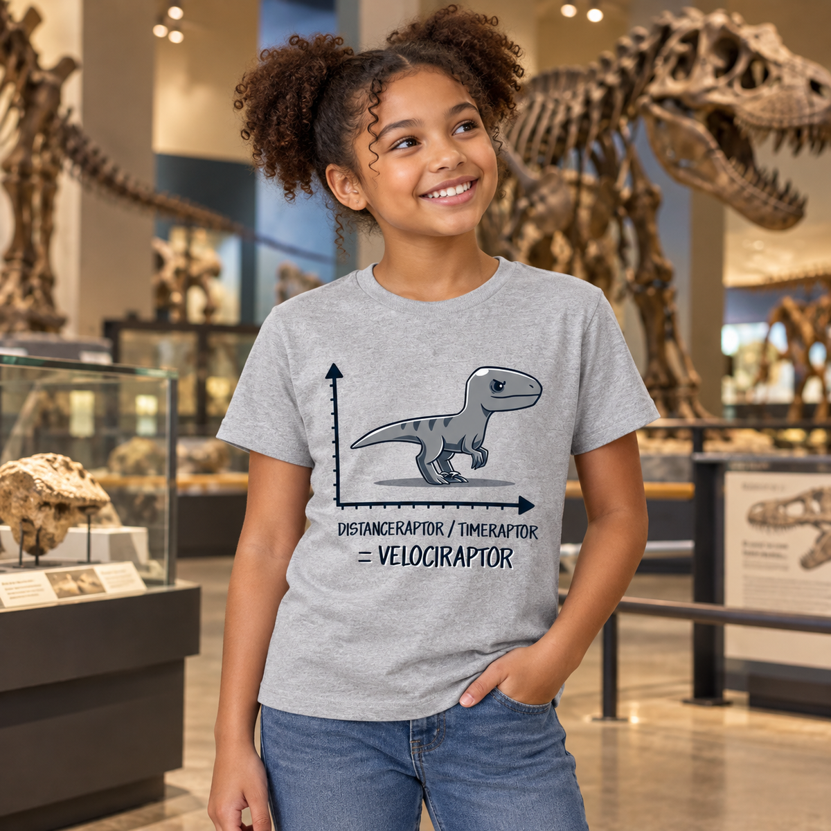 Kids' Classic T-Shirt_TeeTurtle light gray Velociraptor Kids' Classic T-Shirt featuring a gray velociraptor standing on graph axes with the equation "Distanceraptor / Timeraptor = Velociraptor."