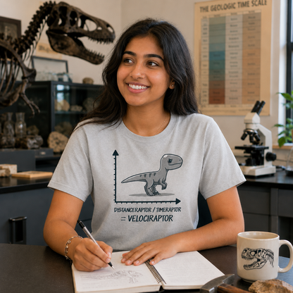 Women's Premium T-Shirt_TeeTurtle light gray Velociraptor Women's Premium T-Shirt featuring a gray velociraptor standing on graph axes with the equation "Distanceraptor / Timeraptor = Velociraptor."