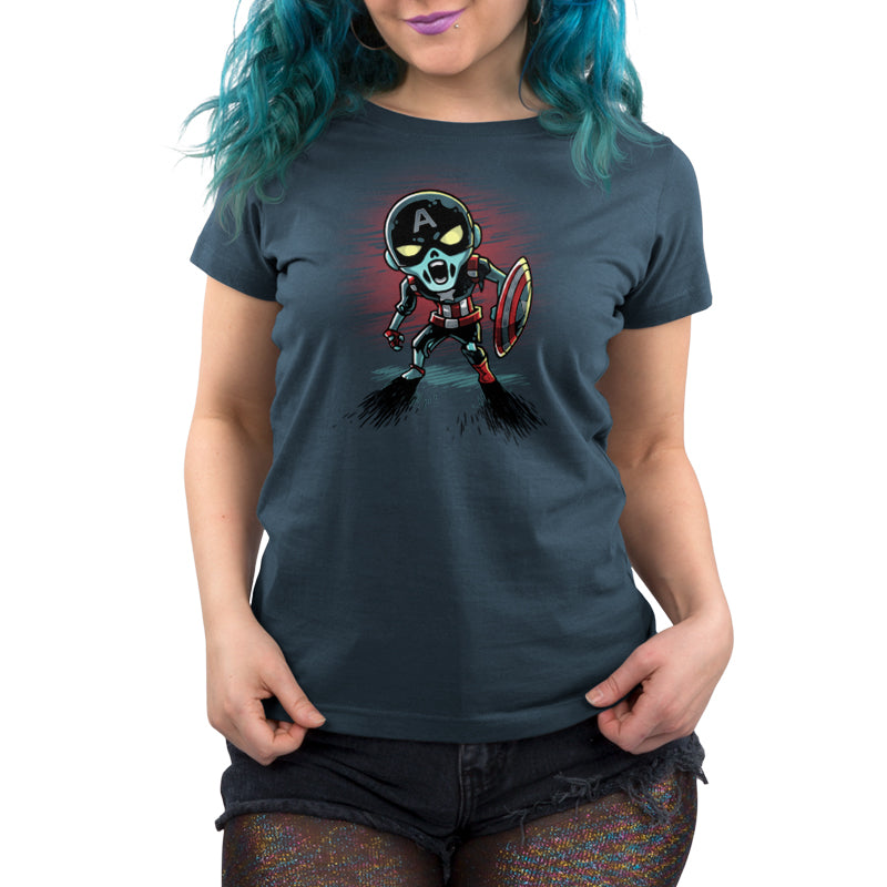A woman wearing a t-shirt with an image of a licensed Marvel Avengers character, Zombie Cap.