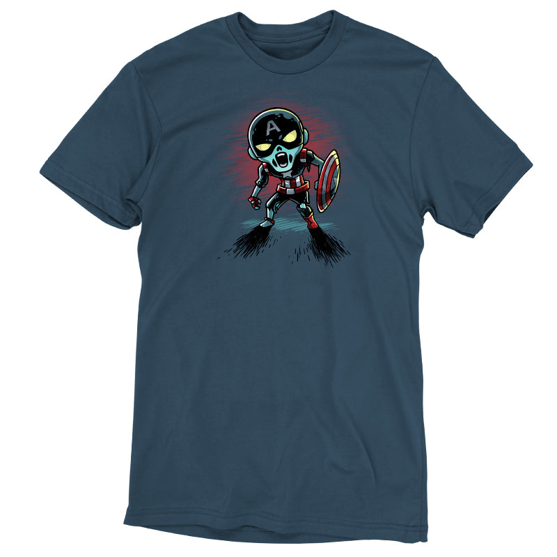 A blue t-shirt featuring a skeleton holding a sword, inspired by Marvel's Zombie Cap.