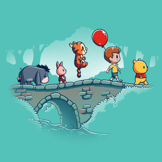 Winnie the Pooh and his friends are crossing a Disney Hundred Acre Woods March bridge.