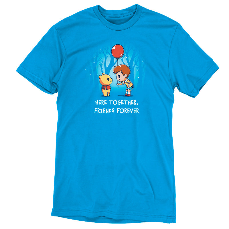 An officially licensed Disney t-shirt featuring Here Together, Friends Forever holding a balloon.