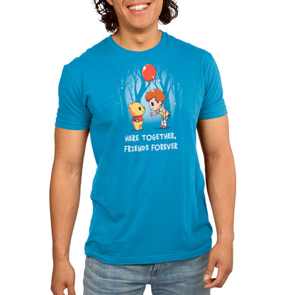 A young man wearing an officially licensed Disney t-shirt featuring "Here Together, Friends Forever" with Winnie the Pooh.
