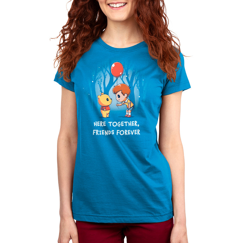 A women's officially licensed Disney t-shirt with the product name "Here Together, Friends Forever" and the brand name "Disney," featuring a girl holding a balloon.