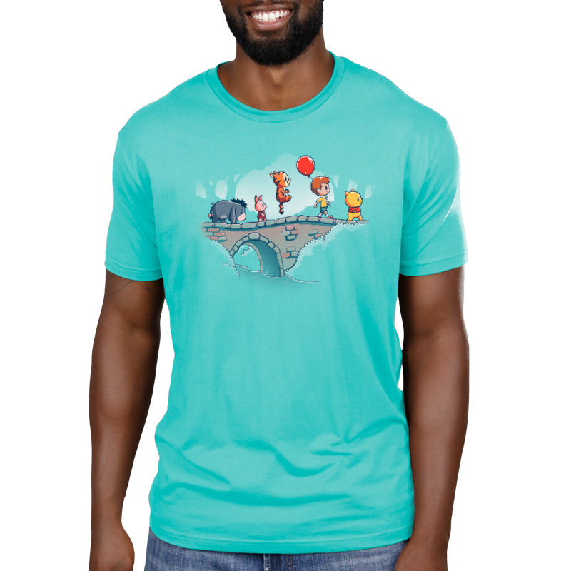 A Disney-themed Hundred Acre Woods March men's t-shirt featuring a man and a woman on a bridge, made with Ringspun Cotton.