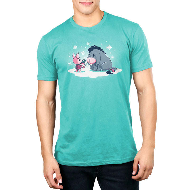 A man wearing a Winnie the Pooh T-shirt with an image of Piglet's Gift For Eeyore and Eeyore.
