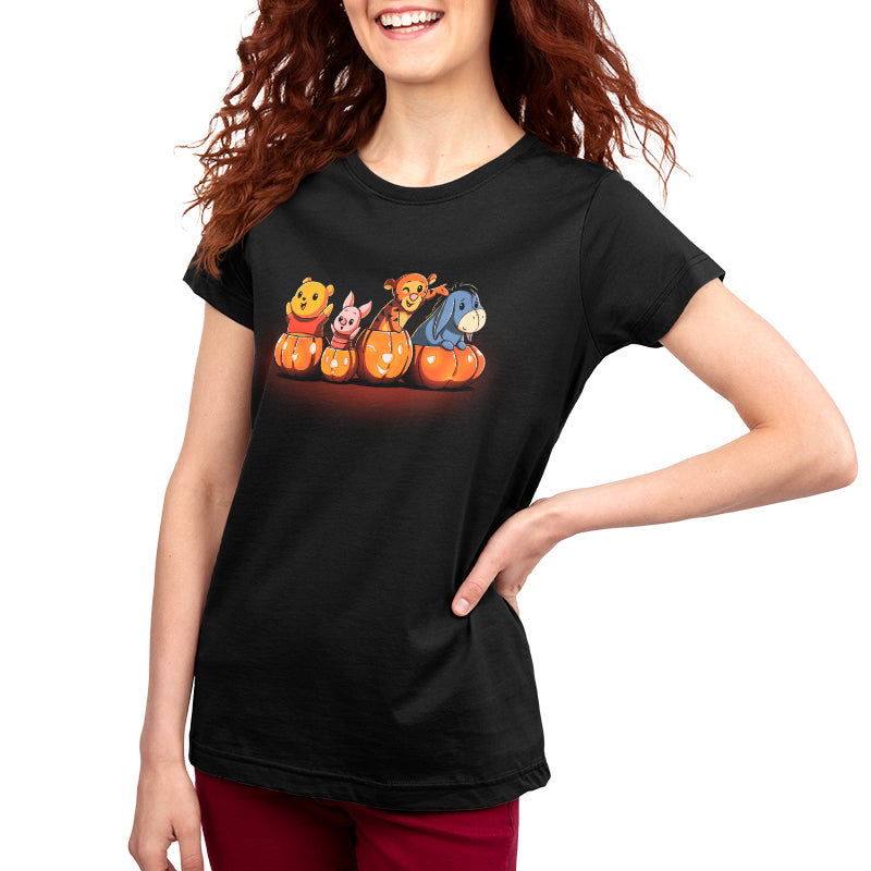 An officially licensed women's black T-shirt featuring an image of a group of Pooh's Pumpkin Friends. (Brand: Winnie the Pooh)