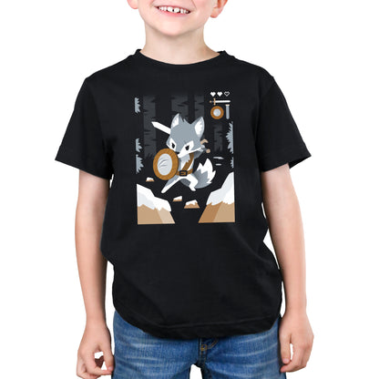A young boy wearing a Warrior Class T-shirt with a wolf on it from TeeTurtle.
