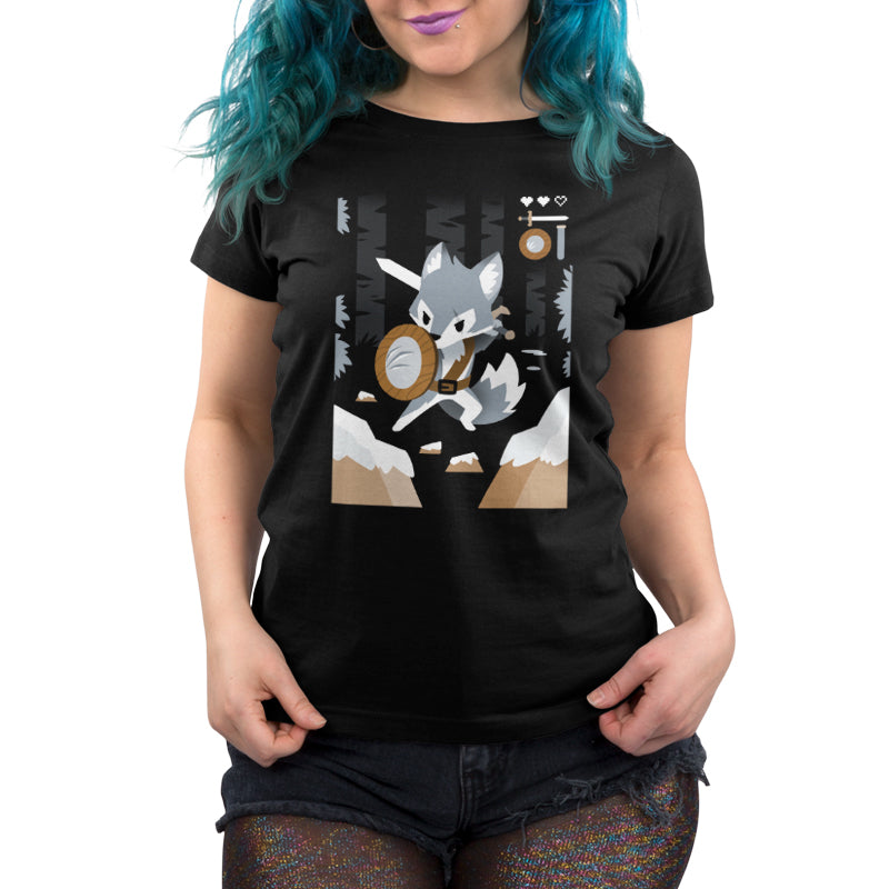 A woman wearing a black t-shirt with an image of a fox representing her TeeTurtle Warrior Class.