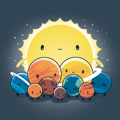 A group of We Still Love You, Pluto planets with the sun behind them, featuring TeeTurtle and denim blue T-shirt motifs.