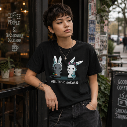 Premium Cotton T-shirt_TeeTurtle black Well This Is Awkward Premium Cotton T-shirt featuring a a cat in bunny ears holding a carrot and a bunny in cat ears holding a piece of fish. Both look unsettled. Text at the bottom reads "Well This Is Awkward"