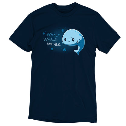 Premium Cotton T-shirt_Teeturtle Whale Whale Whale navy blue t-shirt featuring a cute, smug whale floating in the ocean with their fins on their sides with 'Whale, Whale, Whale.' written next to them.