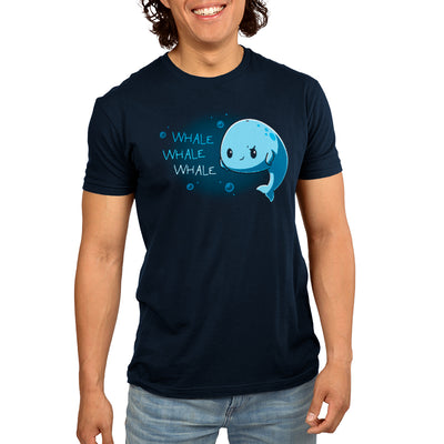 Premium Cotton T-shirt_TeeTurtle navy blue Whale Whale Whale featuring a cute, smug whale floating in the ocean with their fins on their sides with 'Whale, Whale, Whale' written next to them.